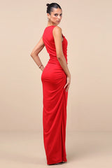 Enticing Darling Red Asymmetrical Ruched Maxi Dress