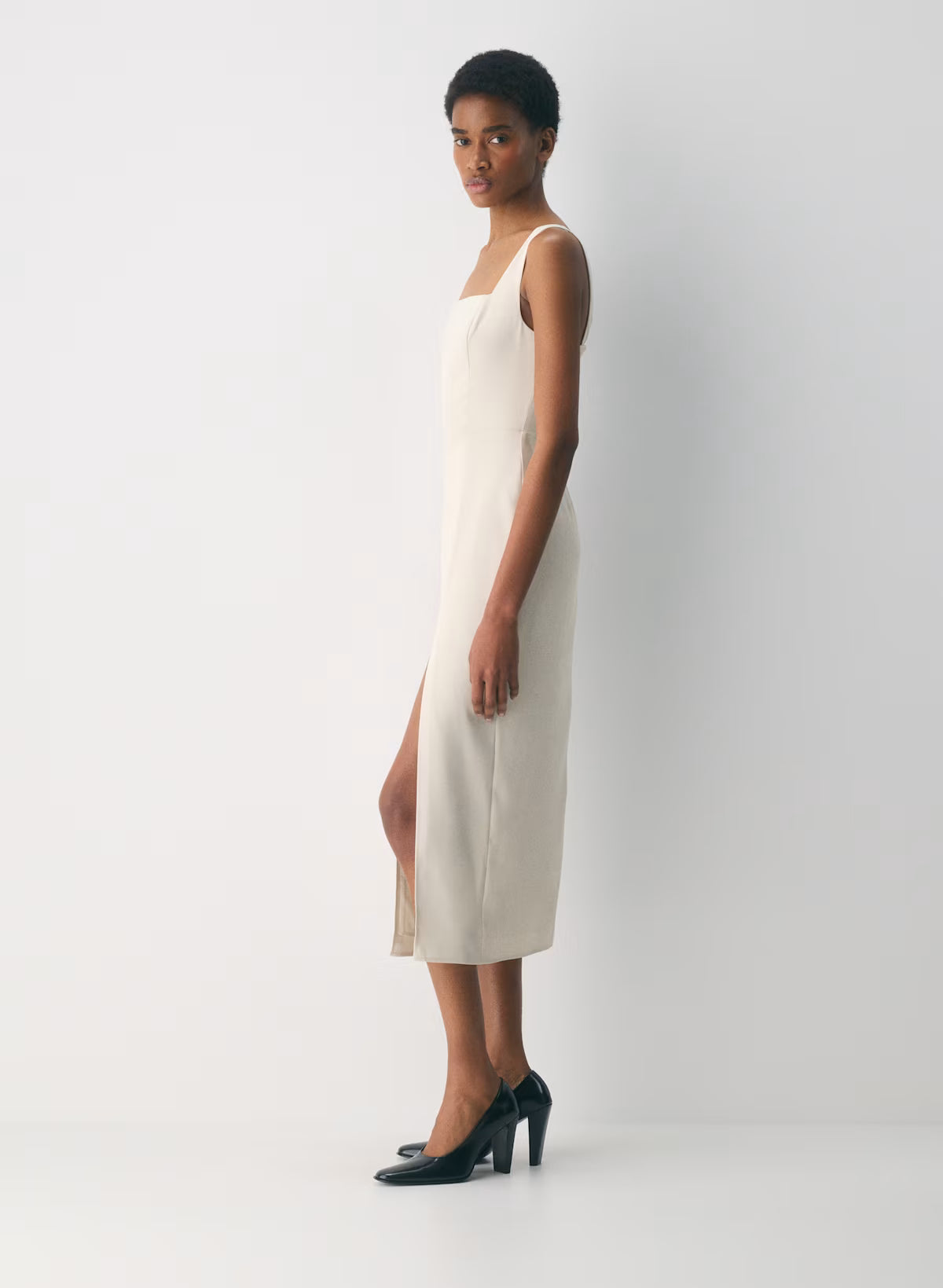 Squareneck matte satin dress with thigh slit