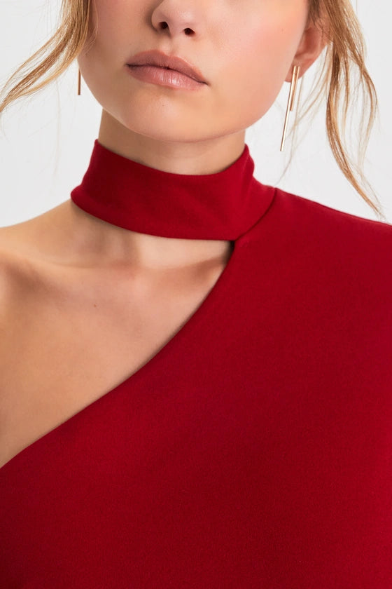 Keep It Interesting Red Cutout One-Shoulder Maxi Dress