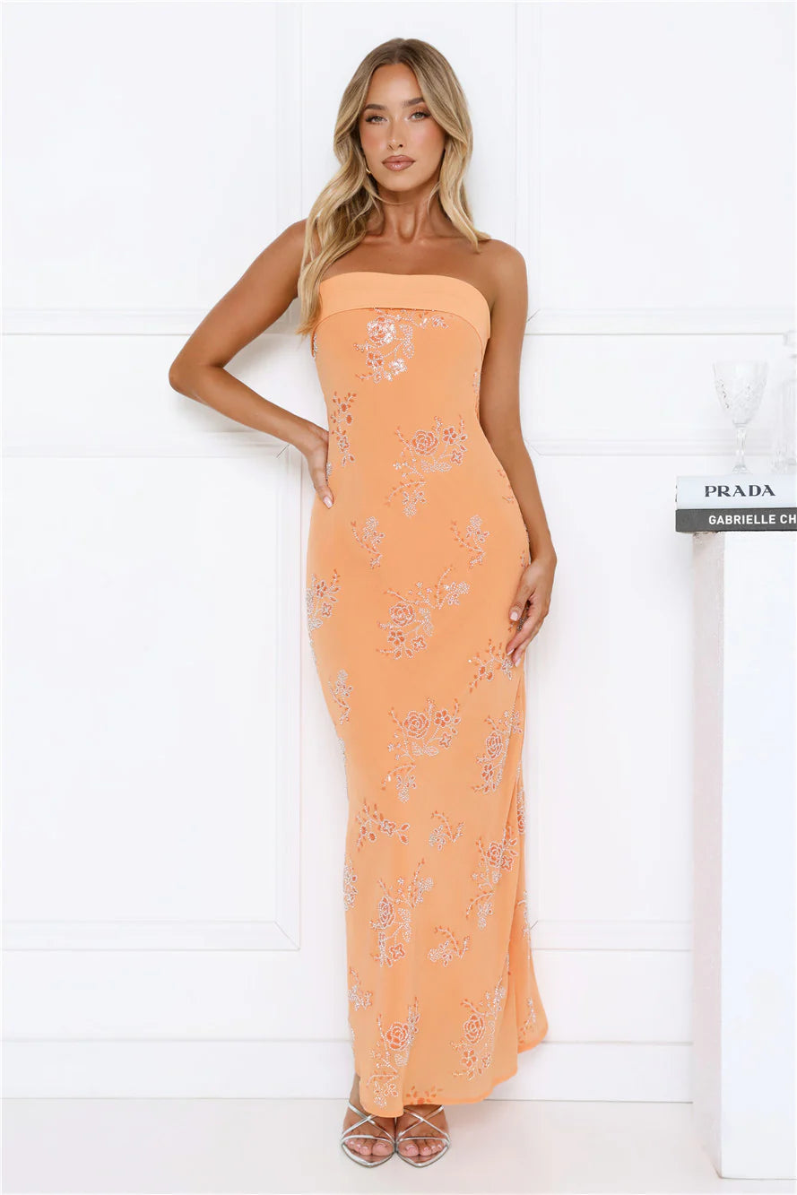 Sparkling Floral Embellished Strapless Maxi Dress
