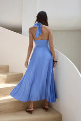 Solid Color Halter Neck Hollowed-out Casual Pleated Holiday Maxi Dress