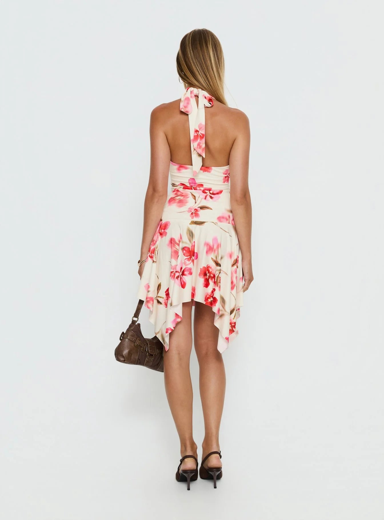 Loreza Halter Asymmetrical Midi Dress Cream Floral