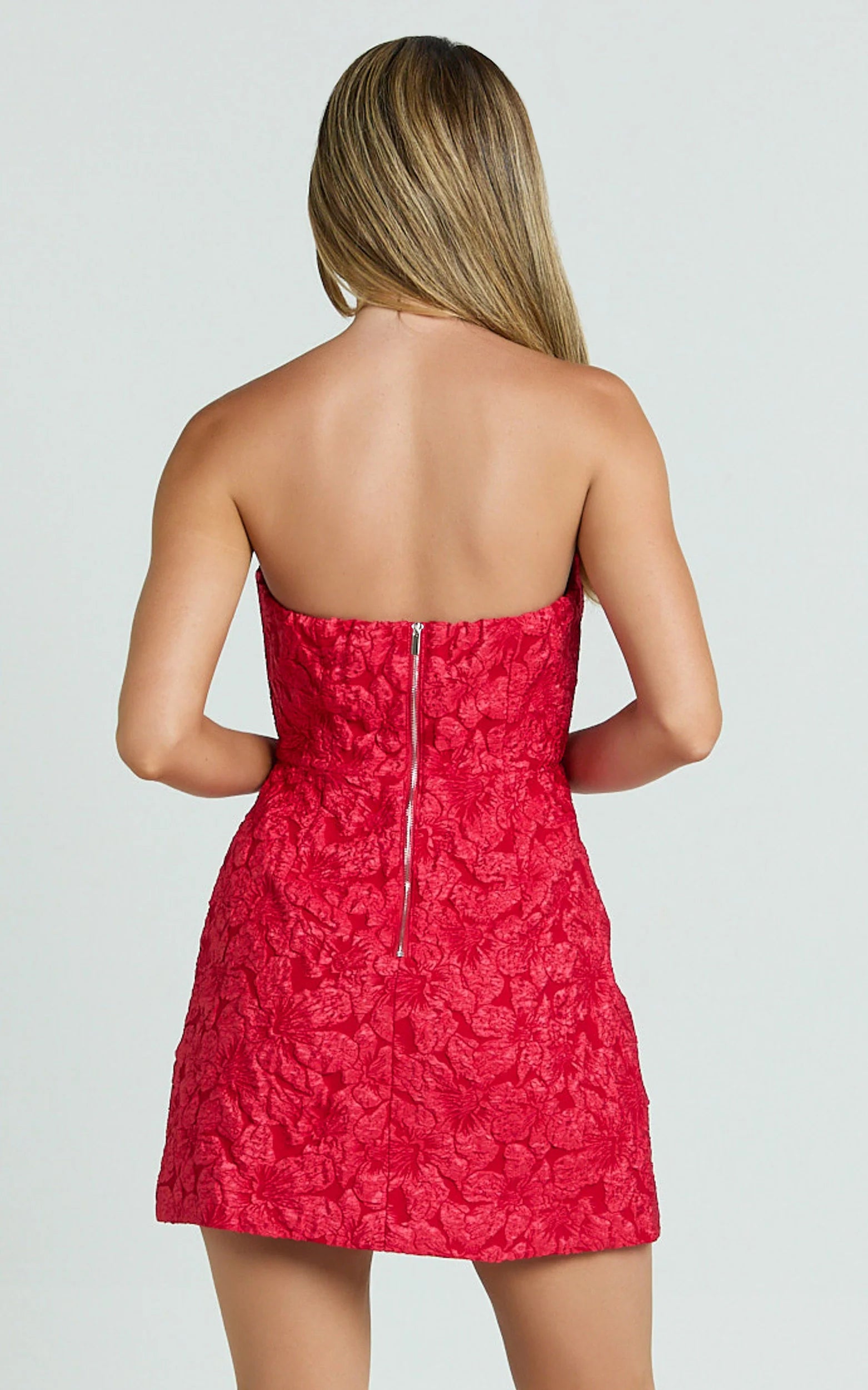 Strapless Dress in Red Jacquard