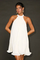 Vaivah Ivory Satin Plisse Mock Neck Swing Mini Dress