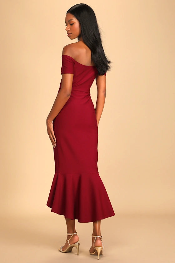 How Much I Care Black Off-the-Shoulder Midi Dress