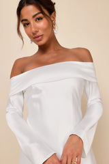 Luxurious Vision White Satin Off-the-Shoulder Mini Dress