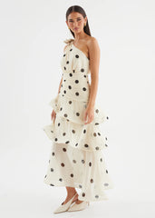 Polka Dot One-Shoulder Ruffle Maxi Dress