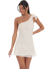 One Shoulder Sequin Floral Dress in Ivory