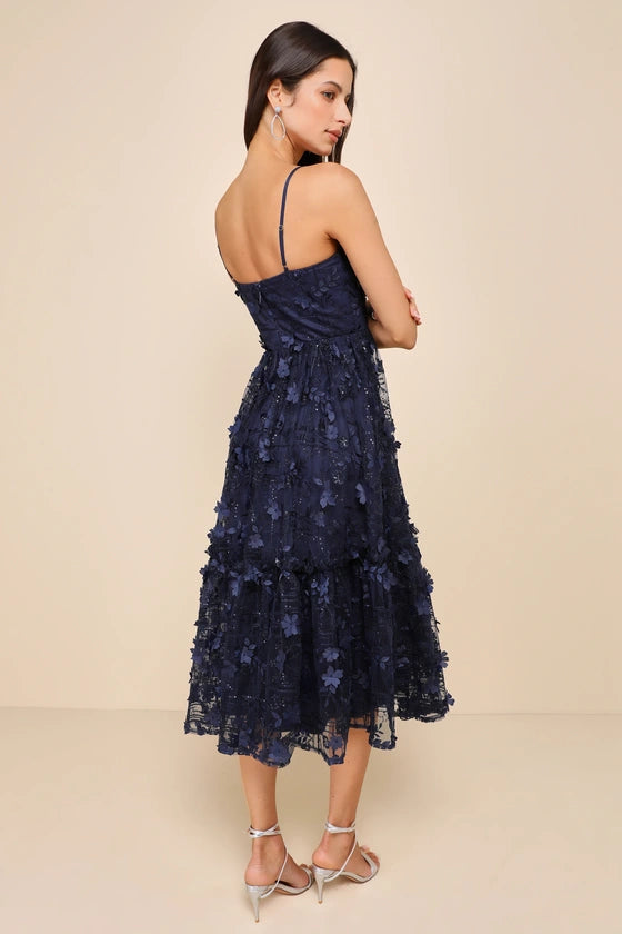 Springtime Soiree Navy Black Sequin 3D Floral Applique Midi Dress