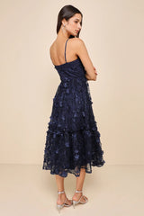 Springtime Soiree Navy Black Sequin 3D Floral Applique Midi Dress