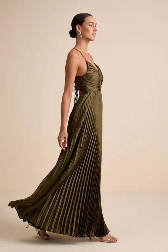 Olive Green Maxi Dress - Open Back Dress- Pleated Satin Dress - Lulus