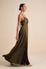 Olive Green Maxi Dress - Open Back Dress- Pleated Satin Dress - Lulus