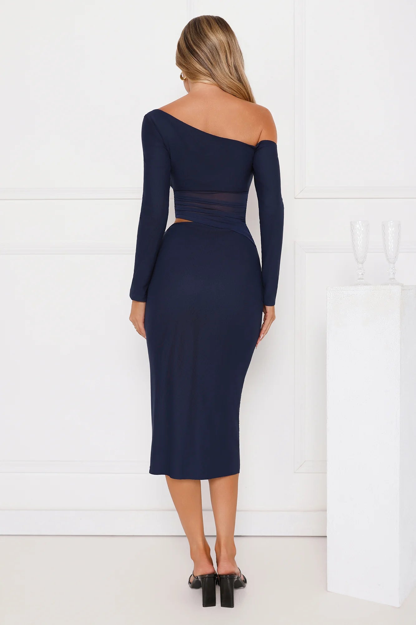 More To Want Long Sleeve Mesh Midi Dress Navy