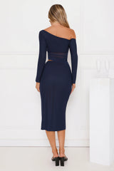 More To Want Long Sleeve Mesh Midi Dress Navy