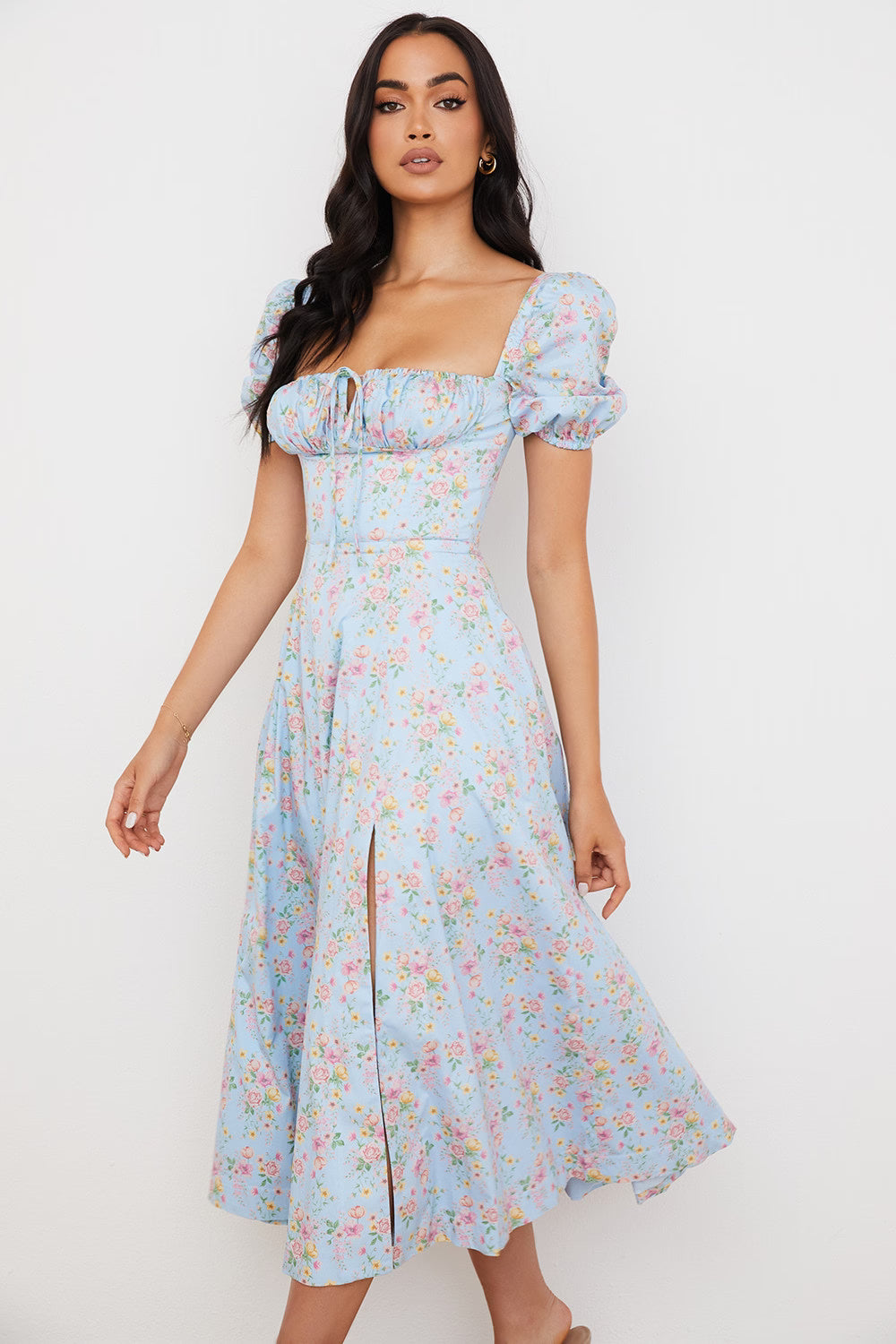 blue vintage floral puff sleeve midi dress