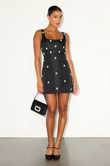 Naveena Black Satin Pearl Rhinestone Mini Dress
