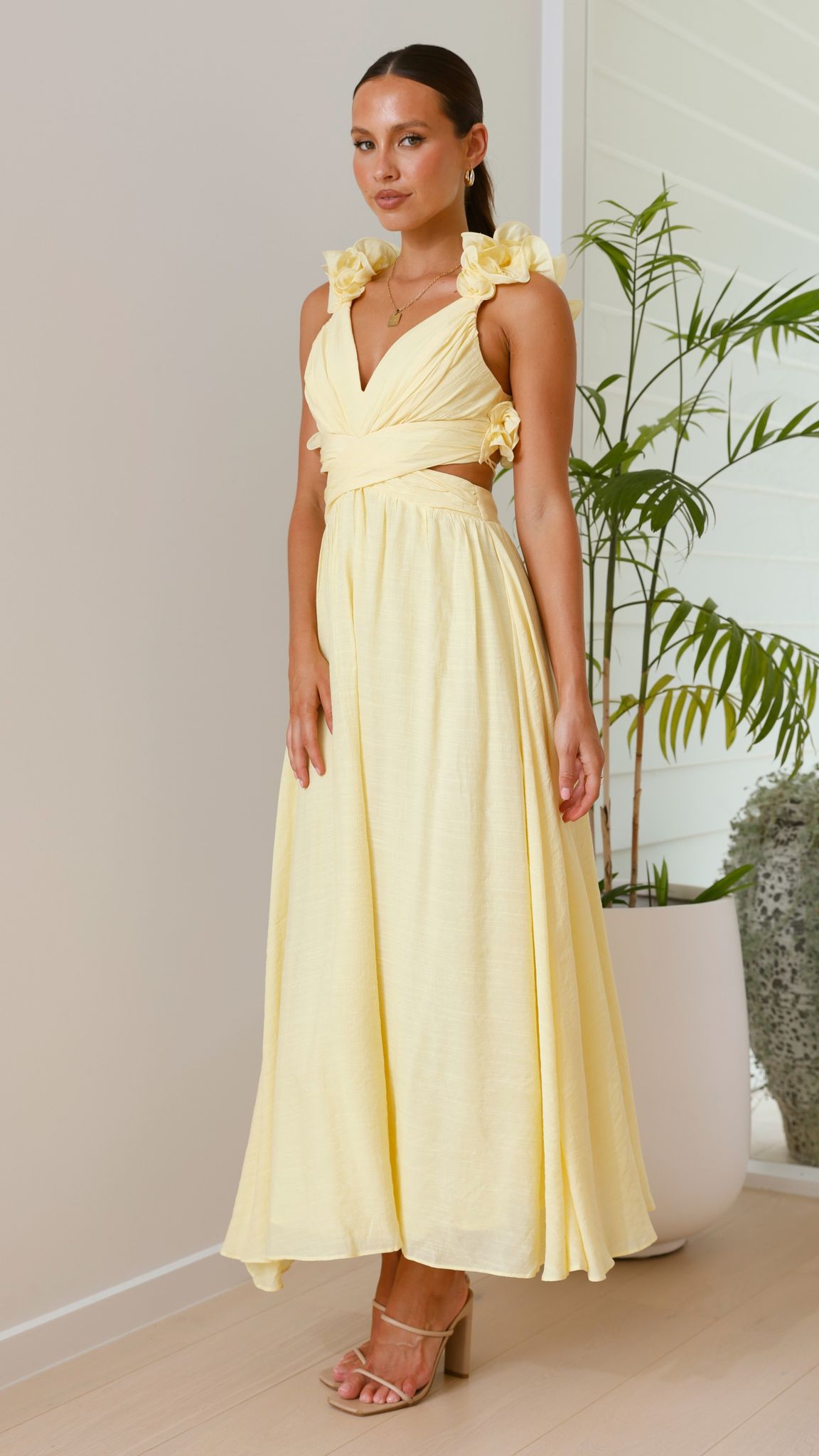 Yellow Ruffle Strap V-Neck Maxi Dress