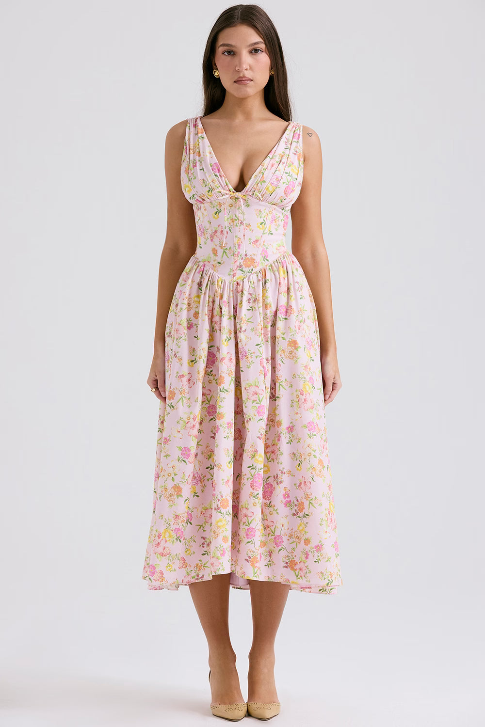 pink meadow print cotton corset sundress
