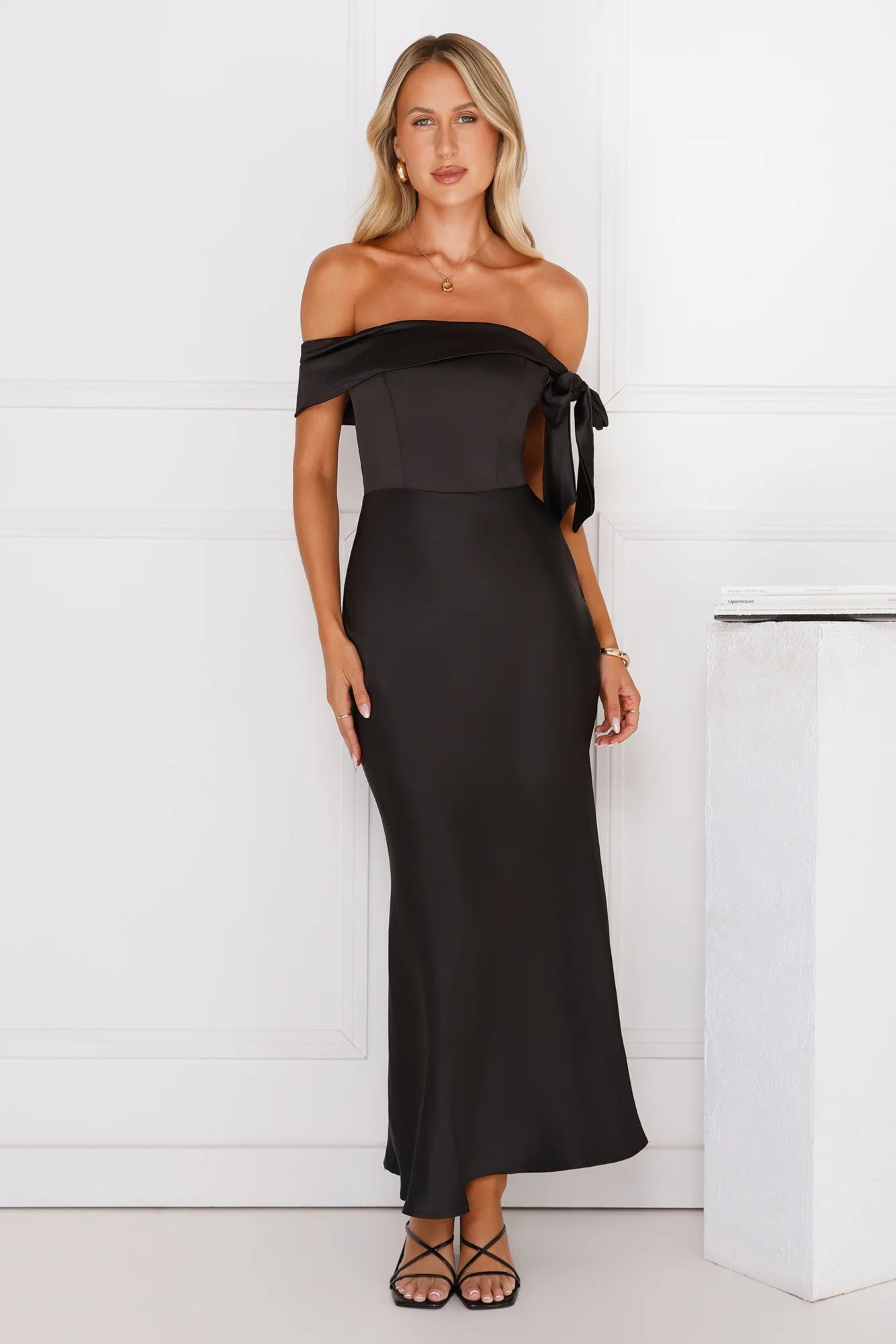 The Hype Off Shoulder Satin Midi Dress Black