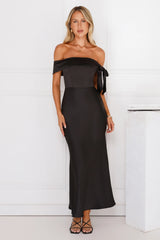 The Hype Off Shoulder Satin Midi Dress Black