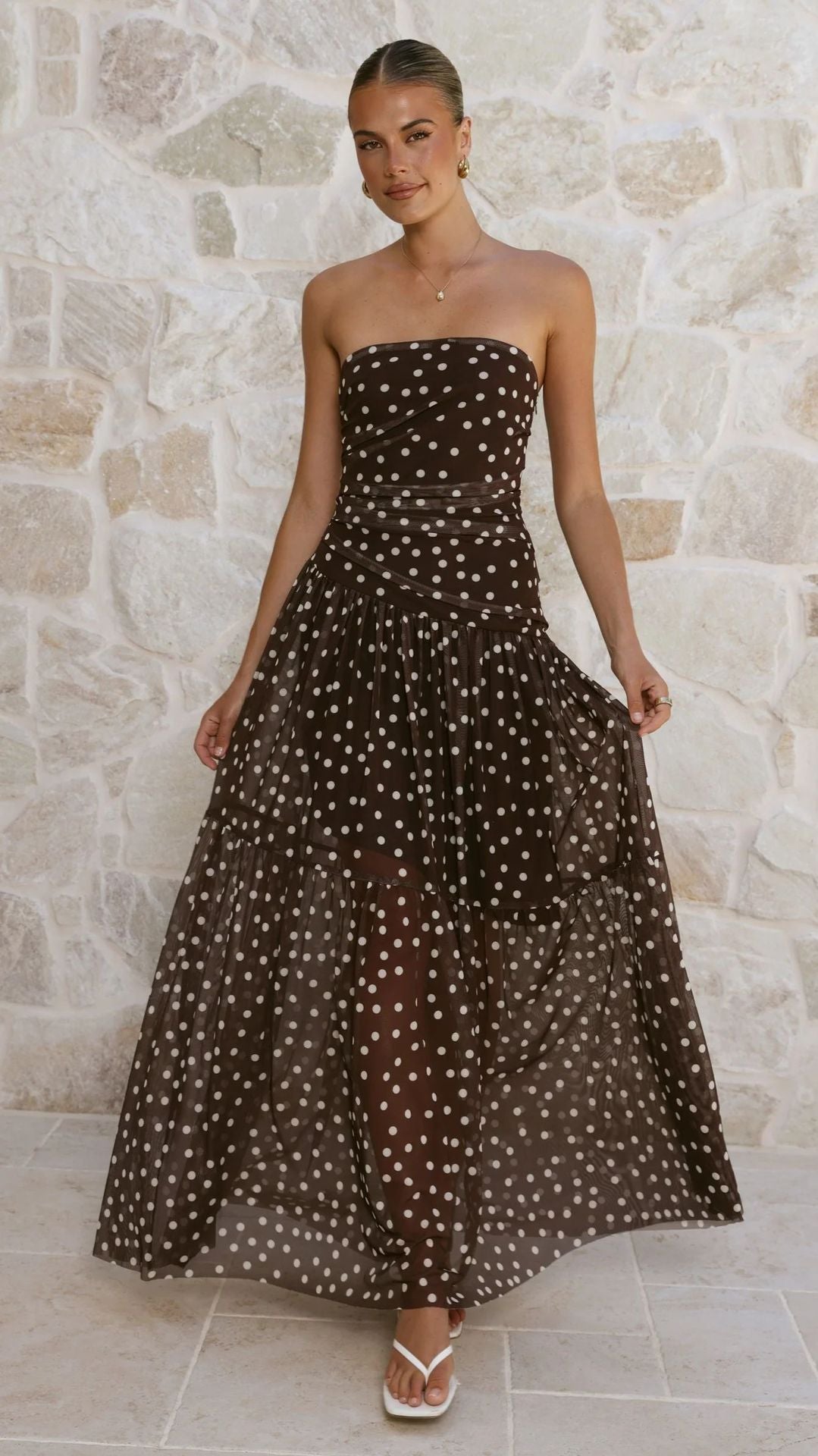Polka Dot Strapless Ruched Maxi Dress