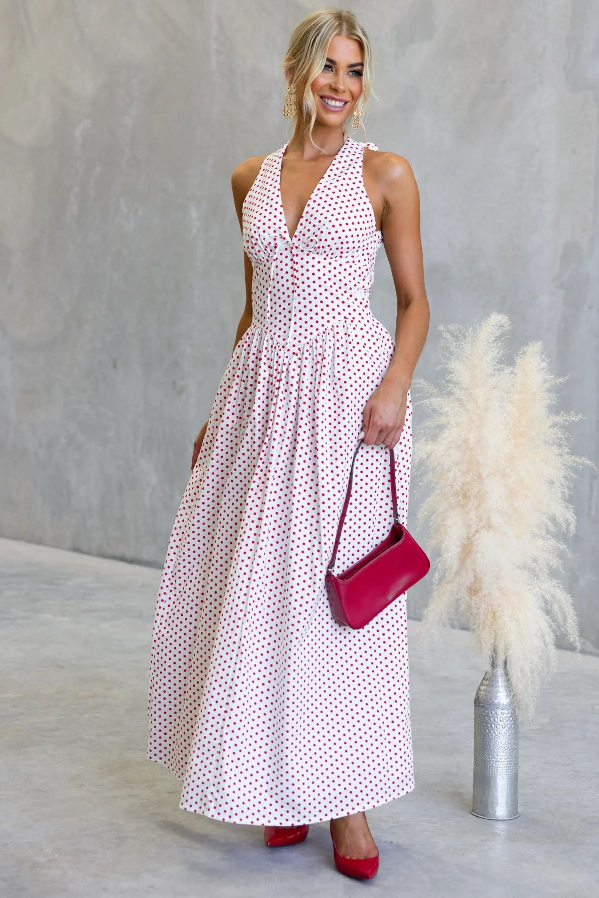 Polka Dot Print Halter Neck Fitted Waist Holiday Maxi Dress