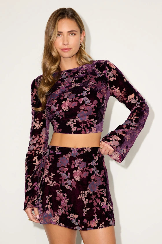 Talaria Plum Velvet Burnout High-Rise Mini Skirt