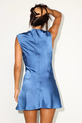 Astralyn Slate Blue Satin Sleeveless Mini Dress