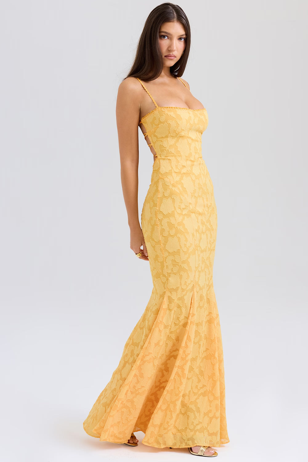 apricot lace up back maxi dress