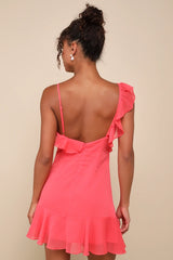 Captivating Always Coral Pink Ruffled Asymmetrical Mini Dress
