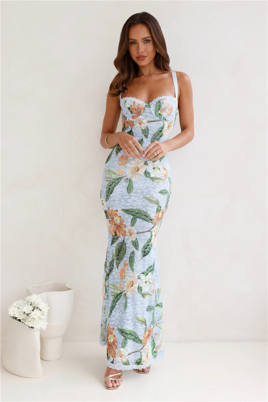 RUNAWAY Serina Maxi Dress Blue Floral
