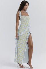 cherry ruffle maxi dress-blue flower