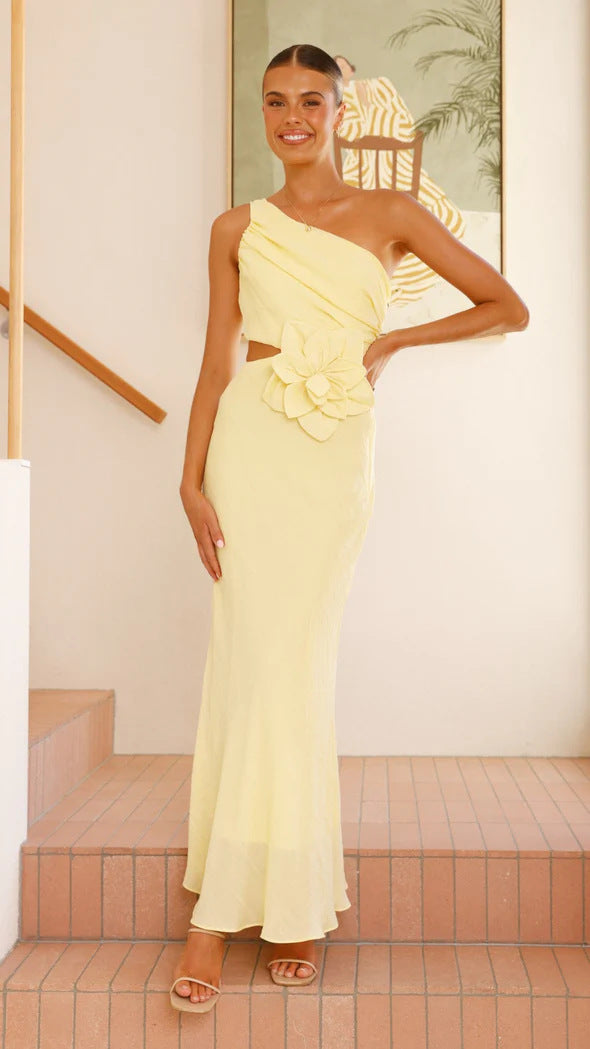 Bloom One Shoulder Cut Out Maxi Dress - Hot Pink