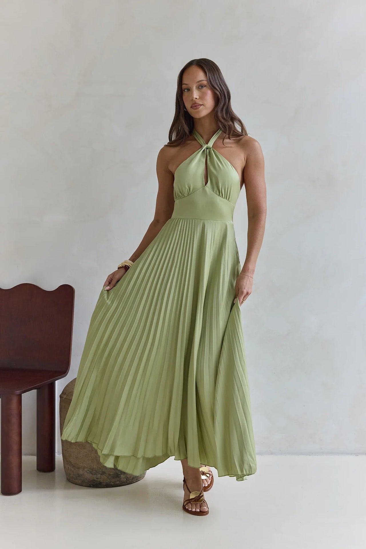 Solid Color Halter Neck Hollowed-out Casual Pleated Holiday Maxi Dress