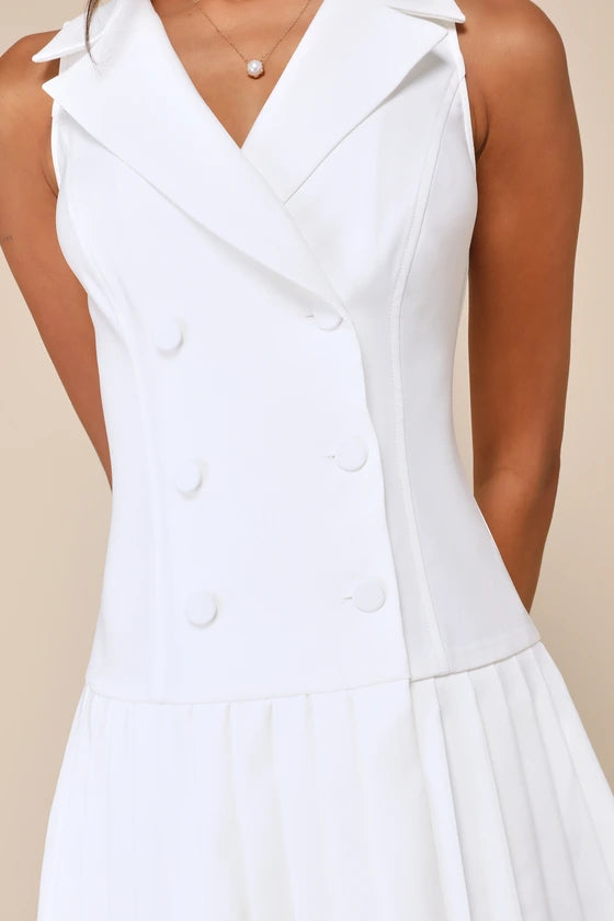 Posh Vision White Sleeveless Blazer Pleated Mini Dress