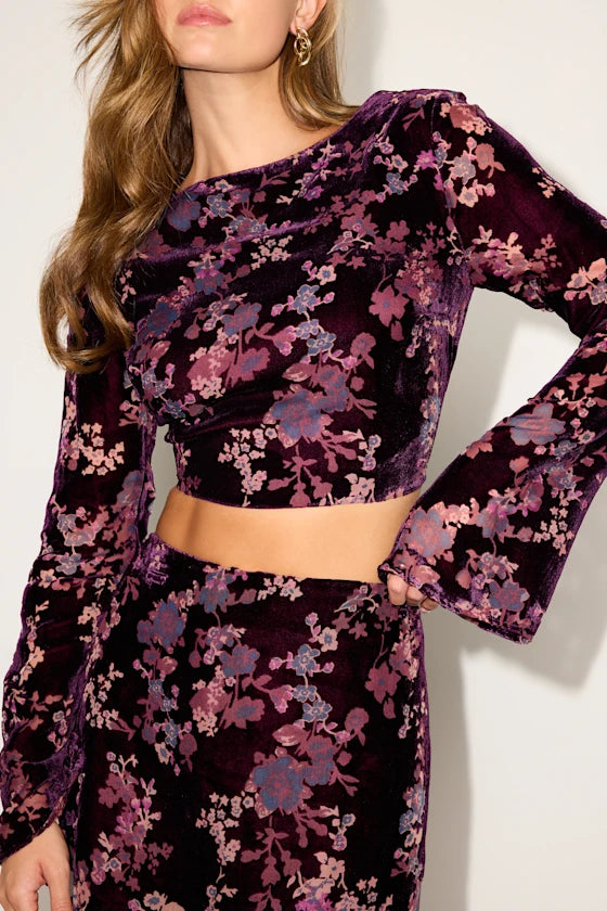 Talaria Plum Velvet Burnout Cutout Long Sleeve Crop Top