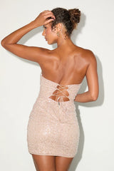 Vivacious Champagne Lace-Up Strapless Mini Dress