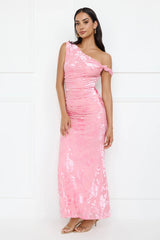 Sultry Poise Mesh Off Shoulder Maxi Dress Pink