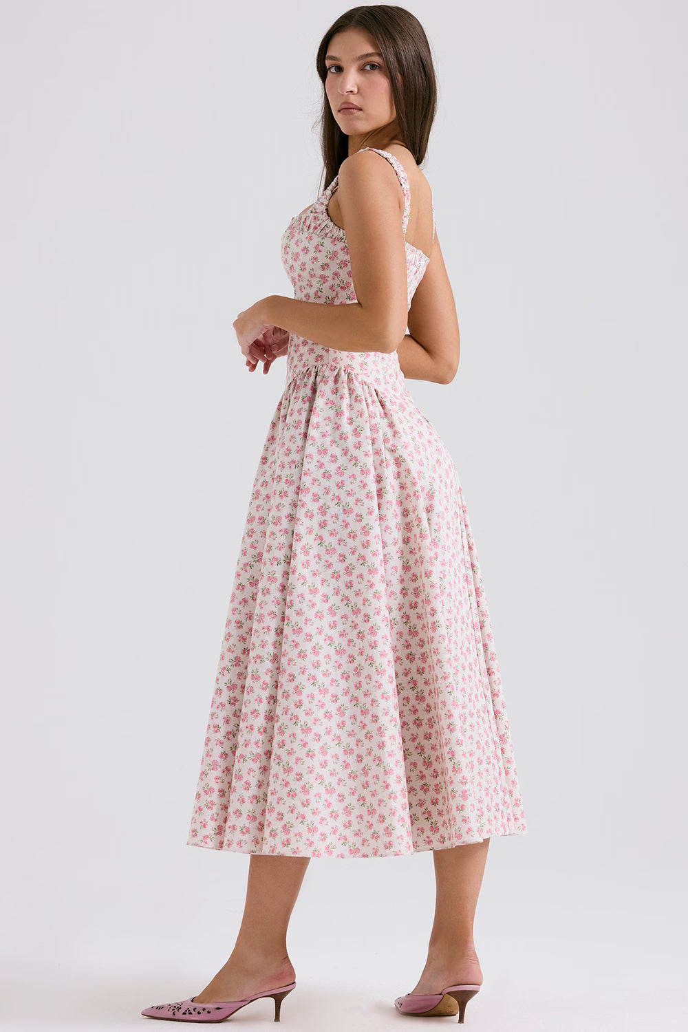 white rosebud print cotton midi sundress