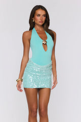 Party In Motion Sequin Halter Mini Dress Aqua