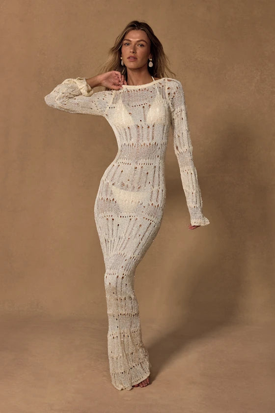 Salise Shiny Cream Distressed Maxi Swim Cover-Up