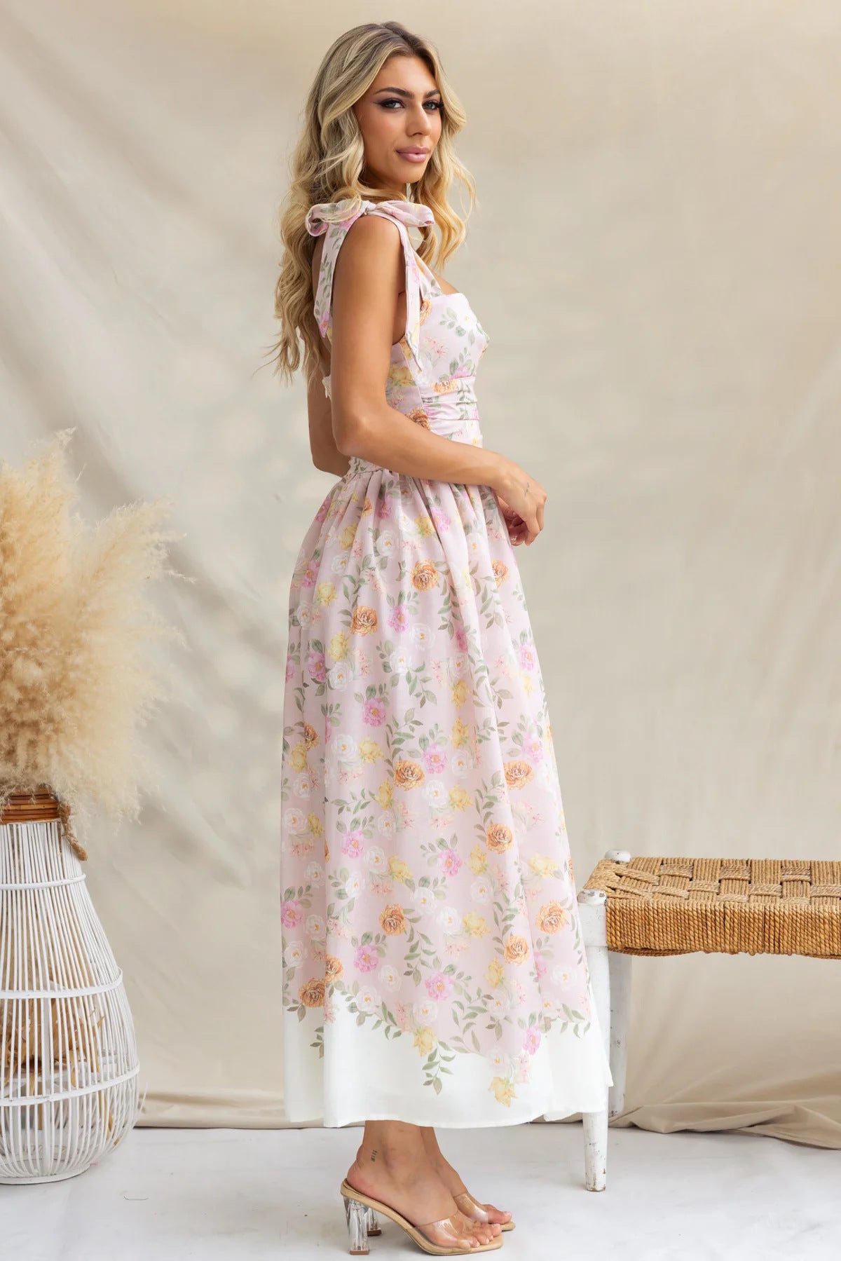 Printed Tie Shoulder Midi Cami Dress