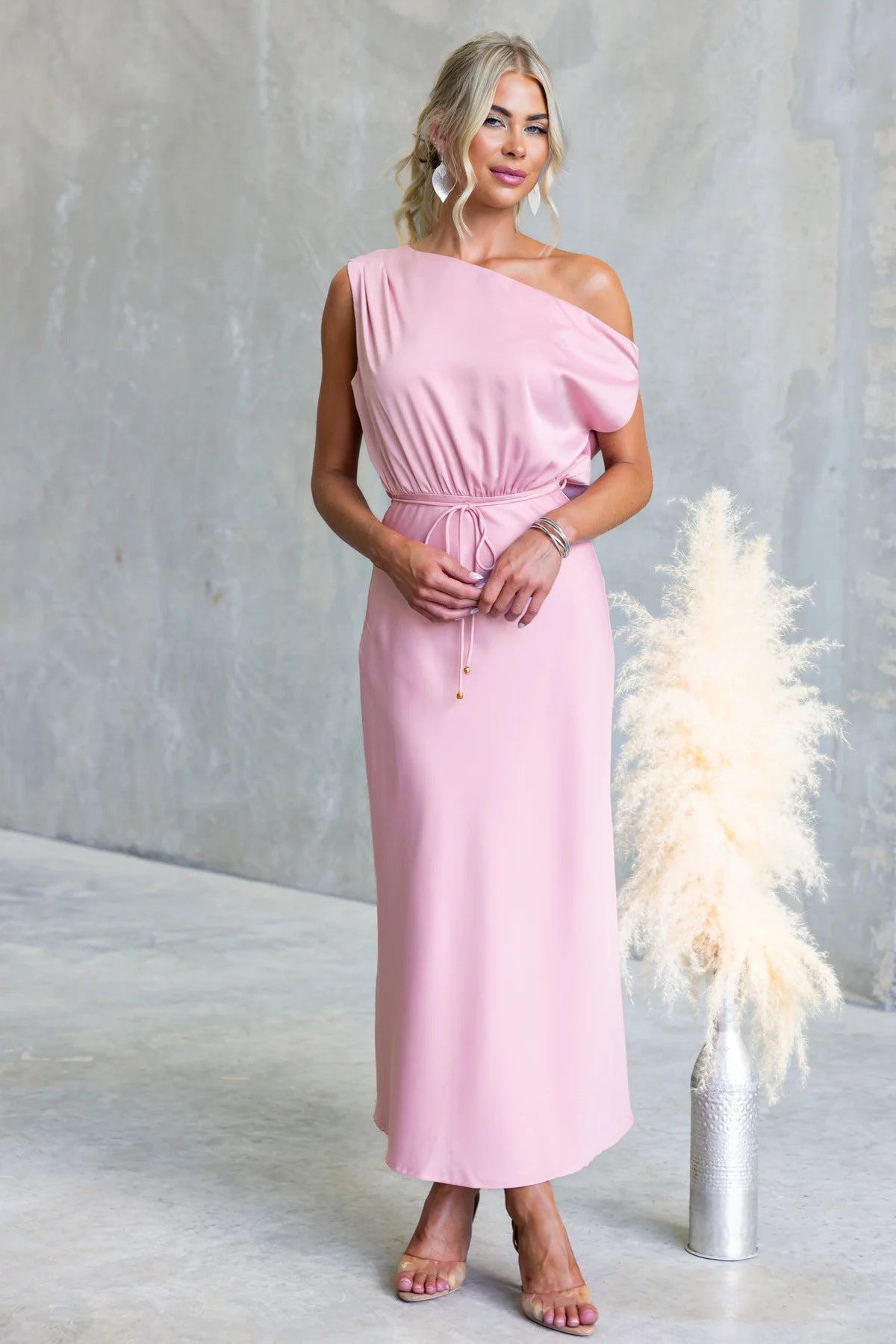 Solid Color One-shoulder Sleeveless Belted Casual Maxi Dress