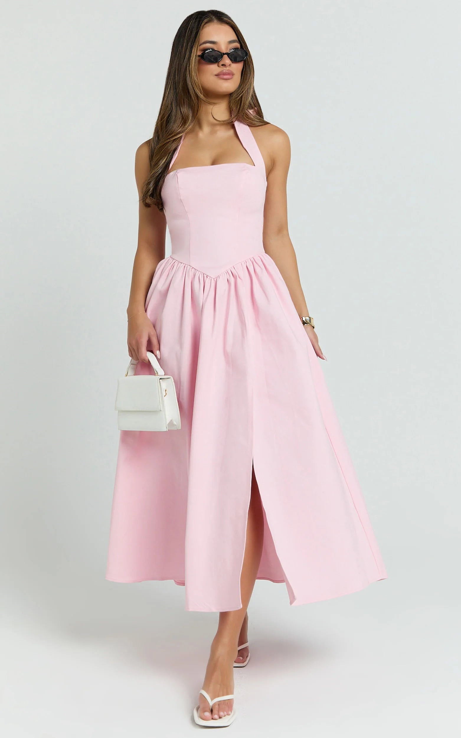 Halter Tie Neck Corset Panel Dress in Pink