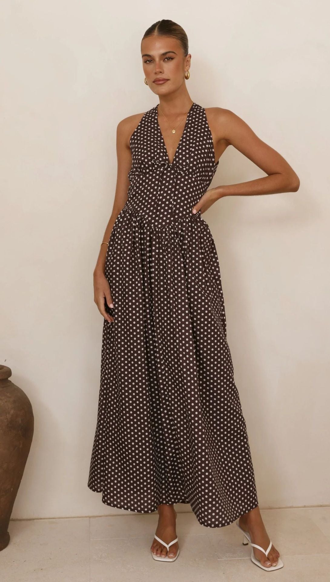 Polka Dot Print Halter Neck Fitted Waist Holiday Maxi Dress
