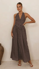 Polka Dot Print Halter Neck Fitted Waist Holiday Maxi Dress