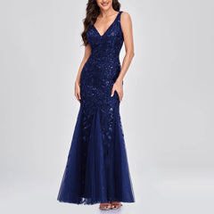Long Ball Gowns for Women Sparkly Formal Chiffon Sequin Dress V Neck Prom Maxi Dress Bodycon Mermaid Evening Gowns