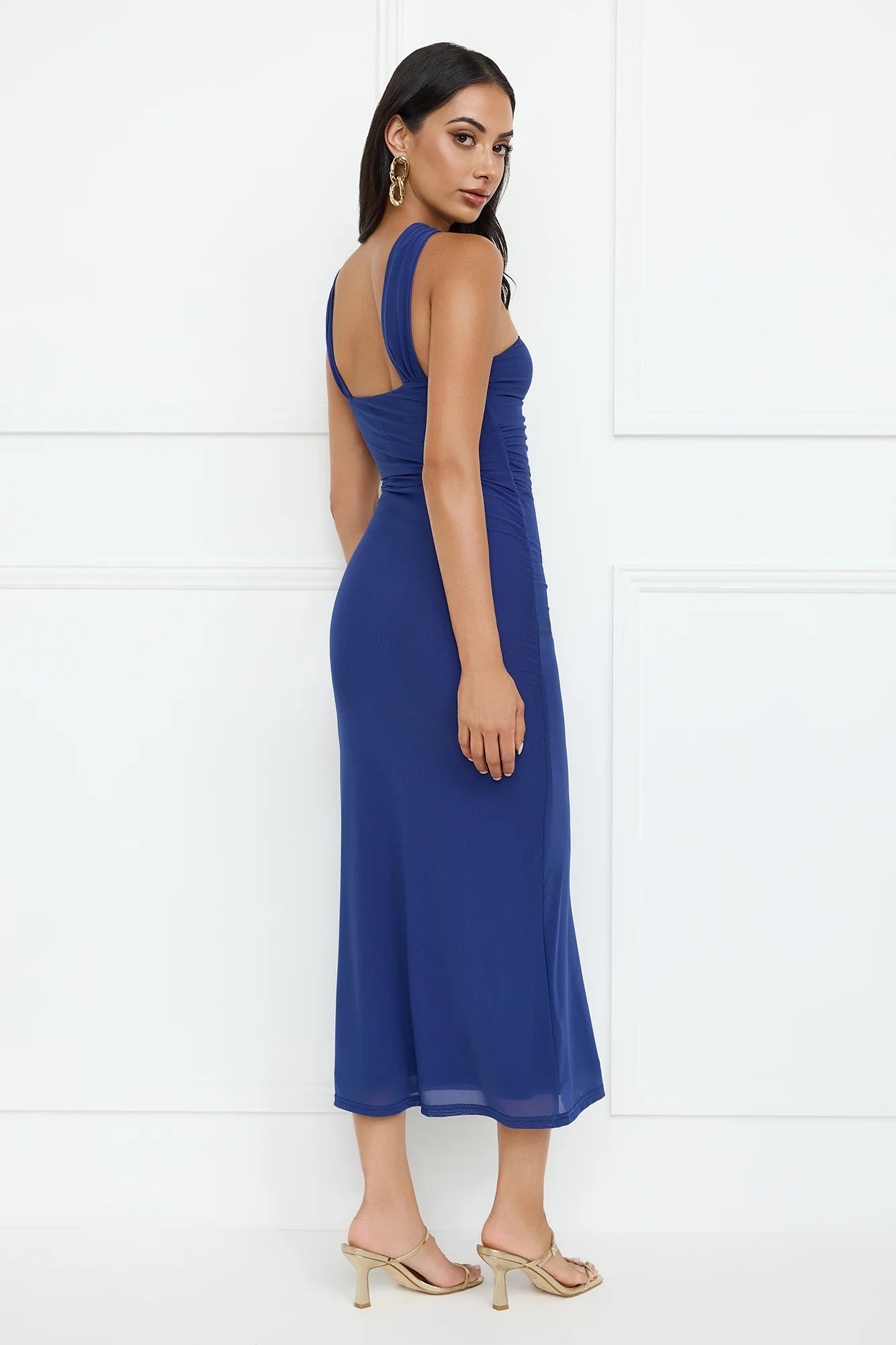 Nightlife Chic One Shoulder Mesh Midi Dress Blue