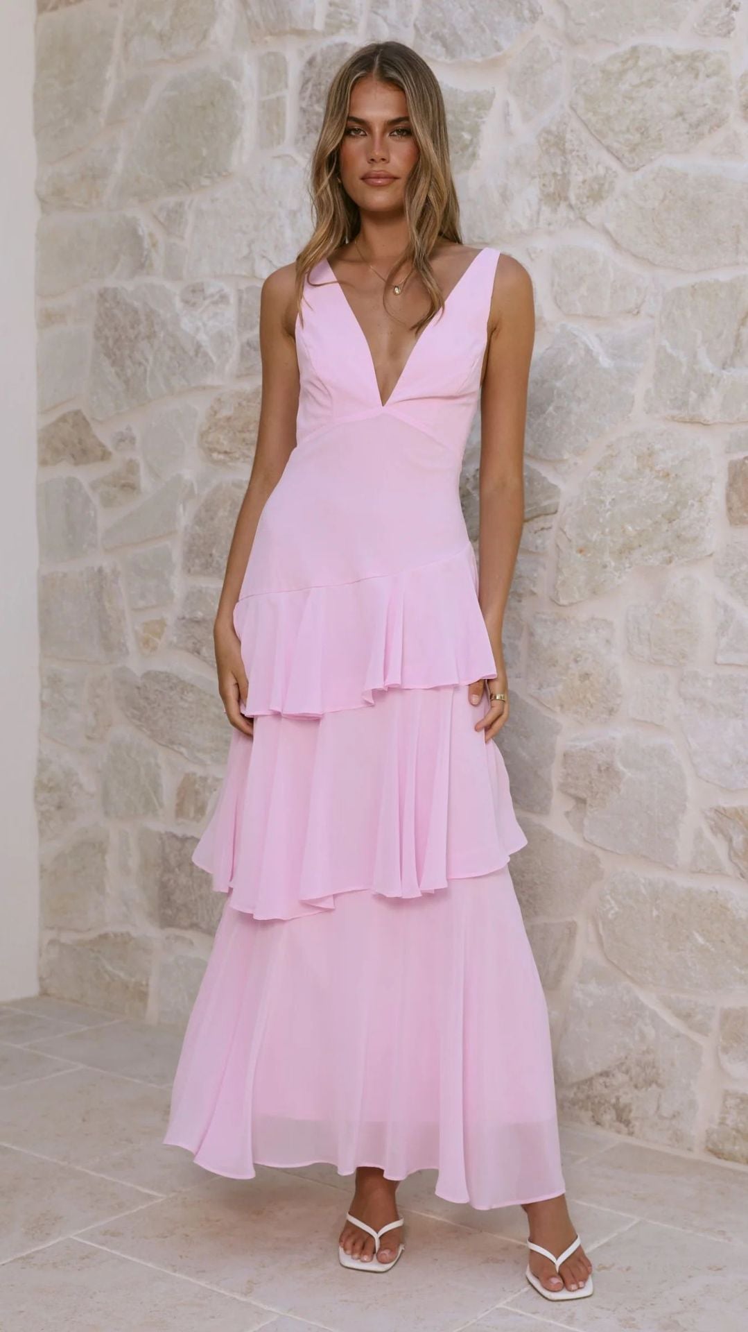 Sleeveless Ruffled Layered Backless Maxi Dress