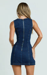 High Neck Fitted Denim Dress in Indigo Wash